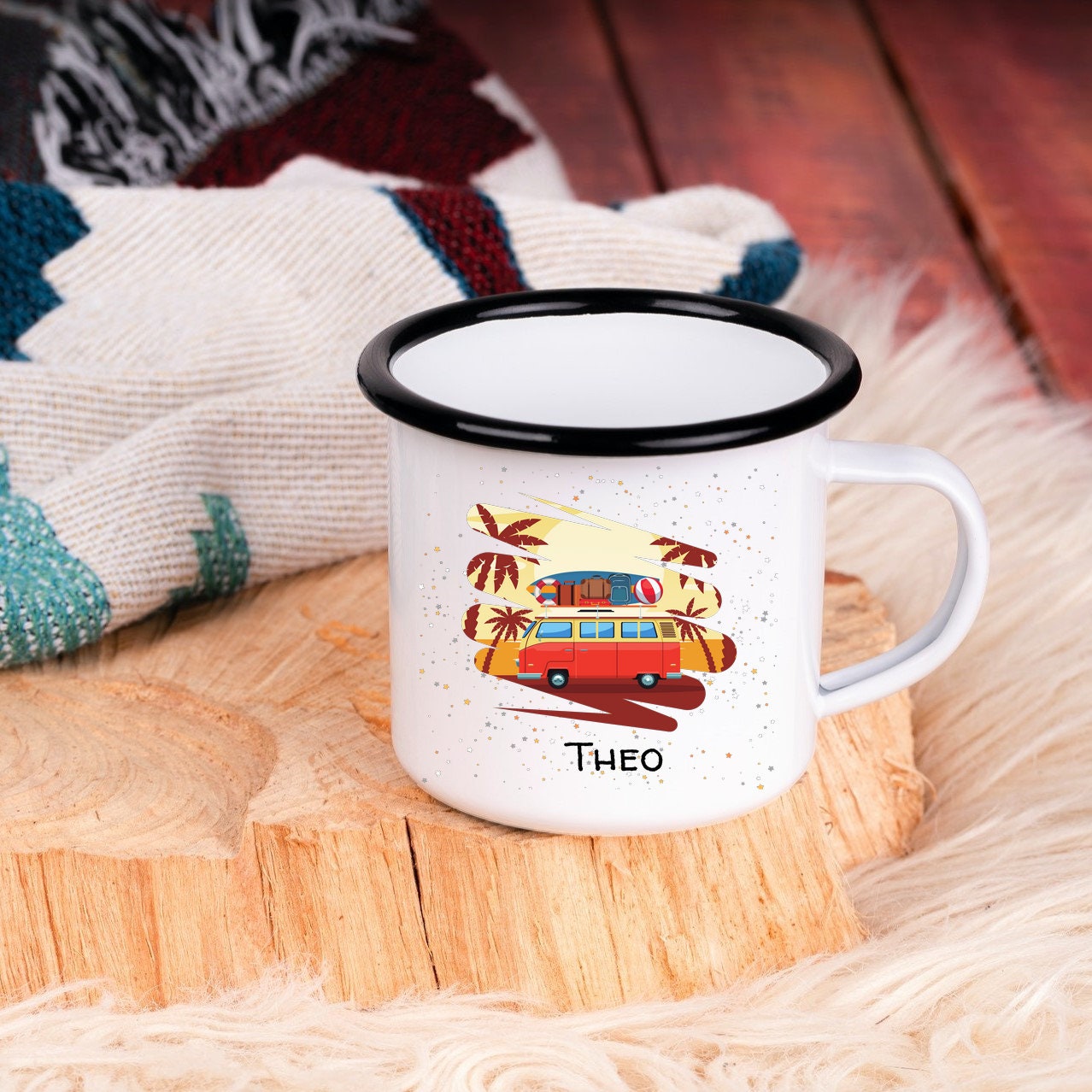 Emaille Tasse| Becher| VW Bus| Camping| personalisierbar mit Wunschnamen - GlamourDesign