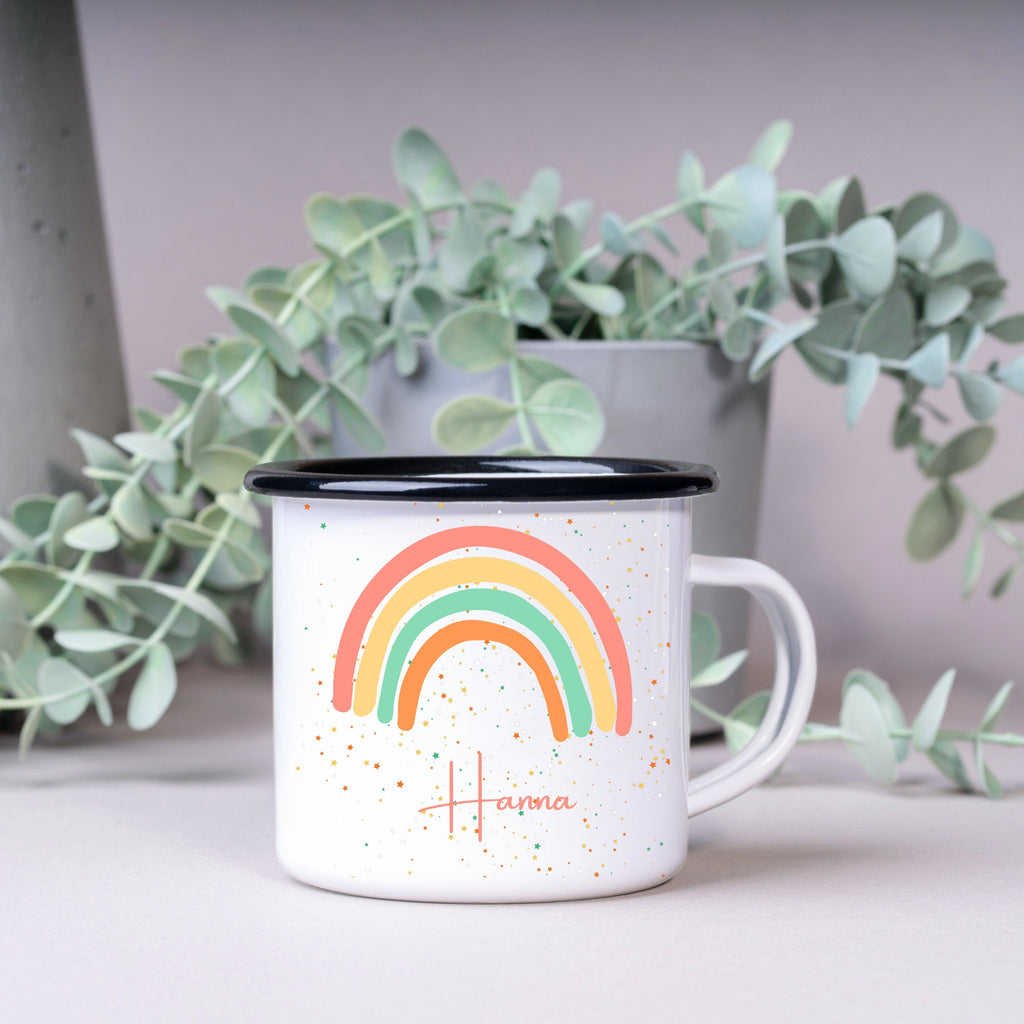 Emaille Tasse| Becher| mit Regenbogen Motiv| personalisierbar mit Namen - GlamourDesign