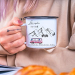 Lade das Bild in den Galerie-Viewer, Emaille Tasse| Becher| Camping| Reisen| Lets explore new roads - GlamourDesign
