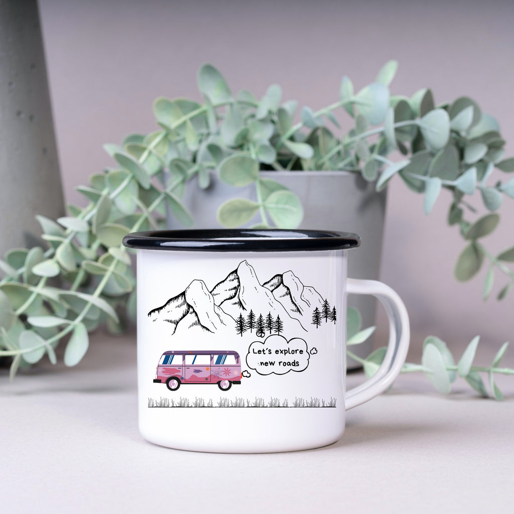 Emaille Tasse| Becher| Camping| Reisen| Lets explore new roads - GlamourDesign