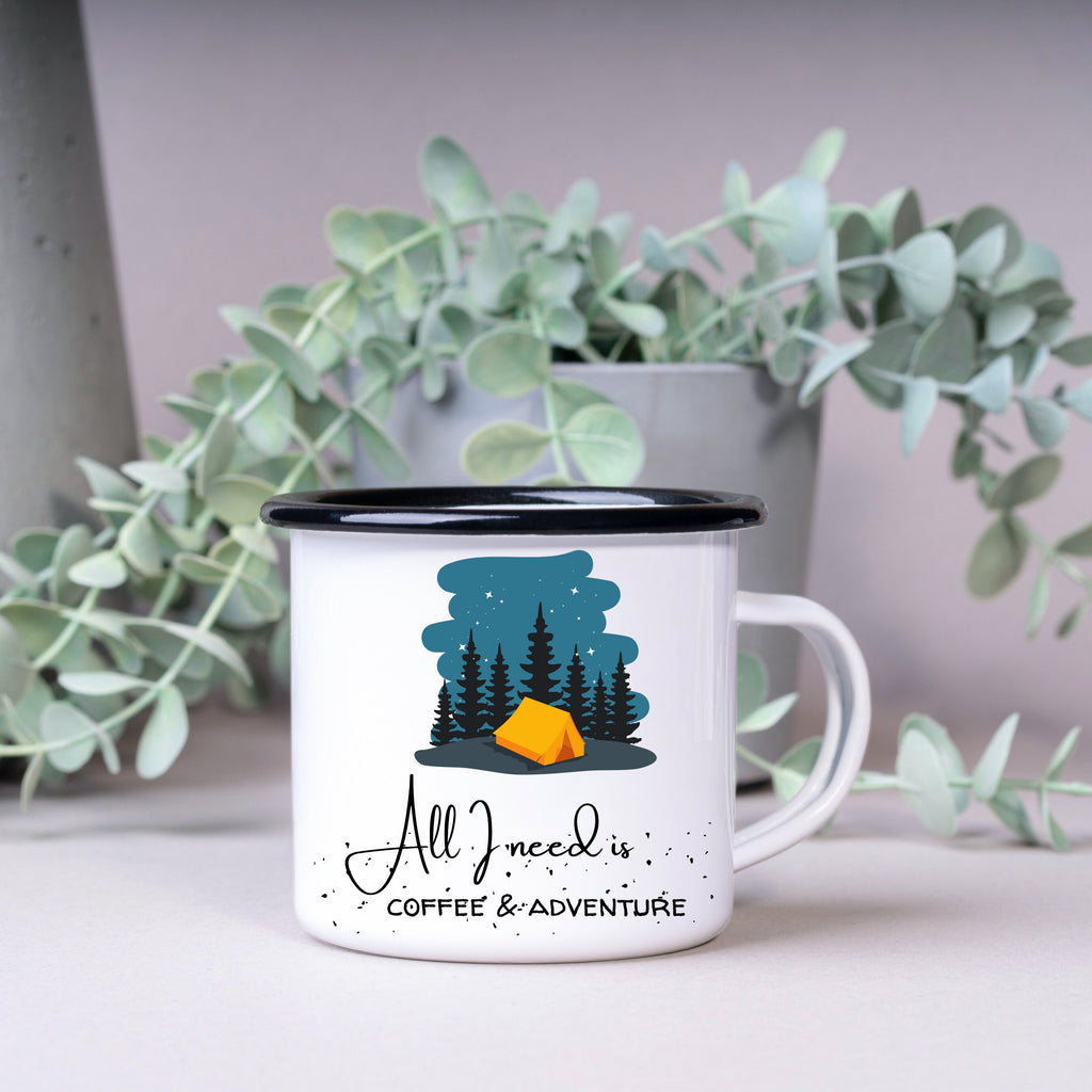 Emaille Tasse| Becher| Abenteuer| Camping| All I need is coffee and adventure - GlamourDesign