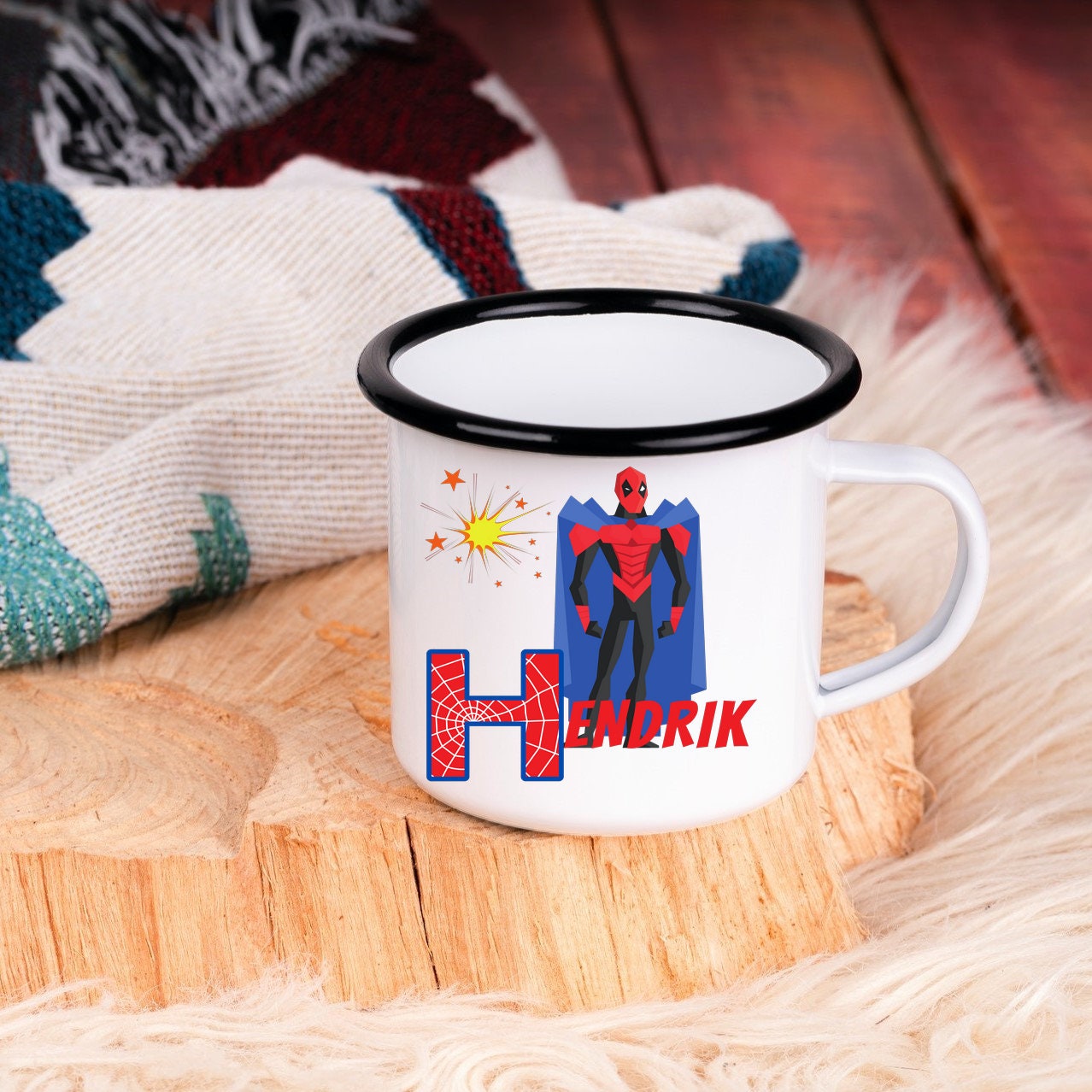 Emaille Tasse| Becher| Superhelden Tasse für Kinder| mit Wunschnamen - GlamourDesign