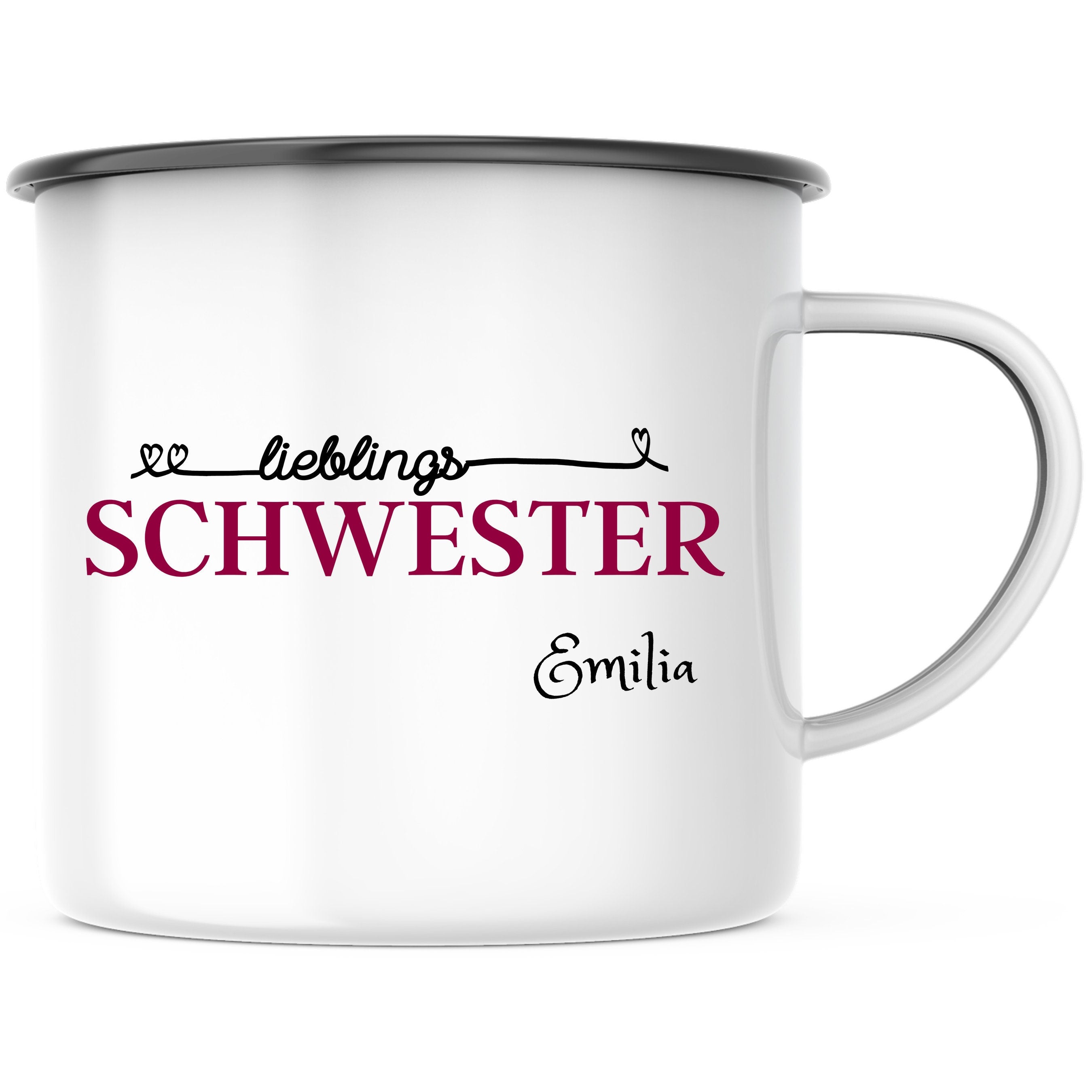 Emaille Tasse| Becher| Geschenk Schwester| mit Wunschnamen| Lieblingsschwester - GlamourDesign