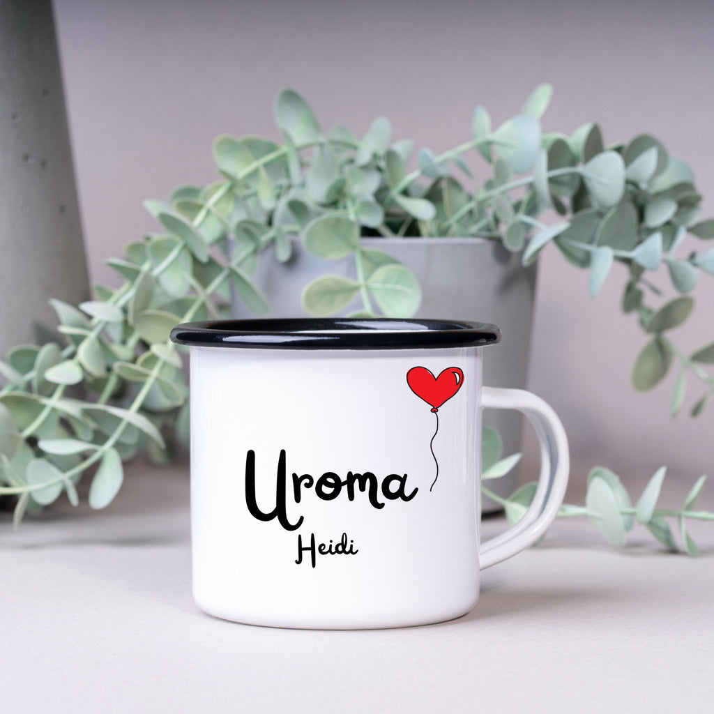 Emaille Tasse| Becher| Geschenk für die Uroma| mit Herz Motiv| personalisierbar mit Wunschnamen - GlamourDesign
