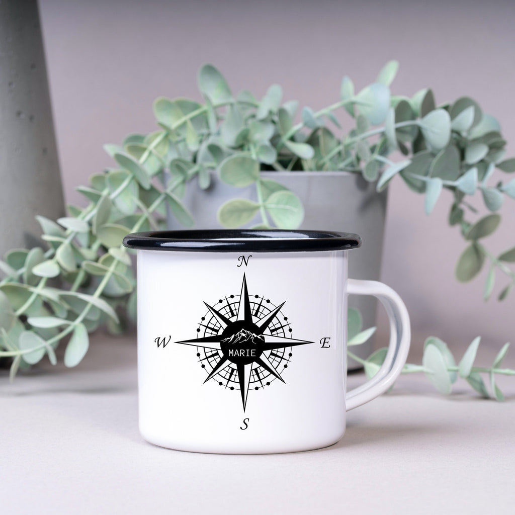 Emaille Tasse| Becher| Camping| Kompass mit personalisierbaren Wunschtext - GlamourDesign