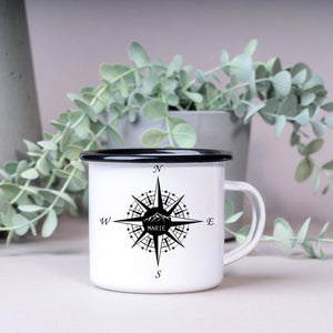 Emaille Tasse| Becher| Camping| Kompass mit personalisierbaren Wunschtext - GlamourDesign