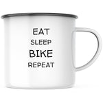 Lade das Bild in den Galerie-Viewer, Emaille Tasse| Becher| Eat sleep bike repeat| Mountainbike mit personalisierbaren Wunschtext - GlamourDesign
