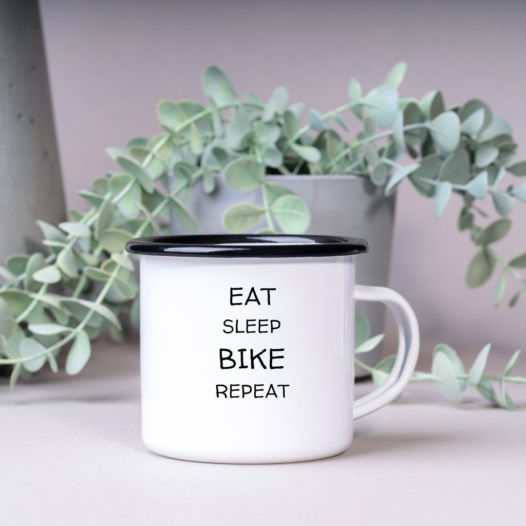 Emaille Tasse| Becher| Eat sleep bike repeat| Mountainbike mit personalisierbaren Wunschtext - GlamourDesign