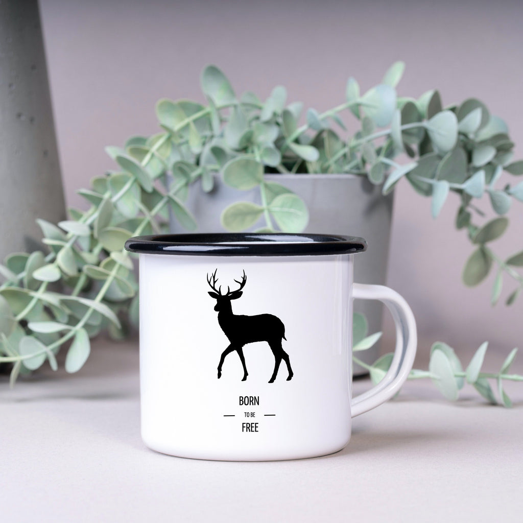 Emaille Tasse| Camping| Hirsch Motiv| Becher| Born to be free - GlamourDesign