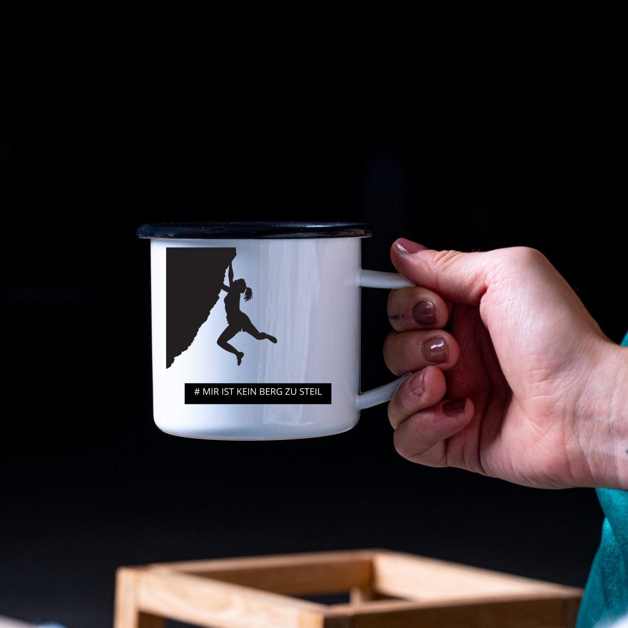 Emaille Tasse| Becher| Bergsteiger| mir ist kein Berg zu steil - GlamourDesign