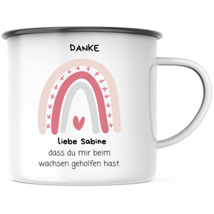 Emaille Tasse| Erzieherin| Danke, dass du mir beim wachsen geholfen hast| Geschenk für die Erzieherin| Regenbogen| personalisiert mit Namen - GlamourDesign