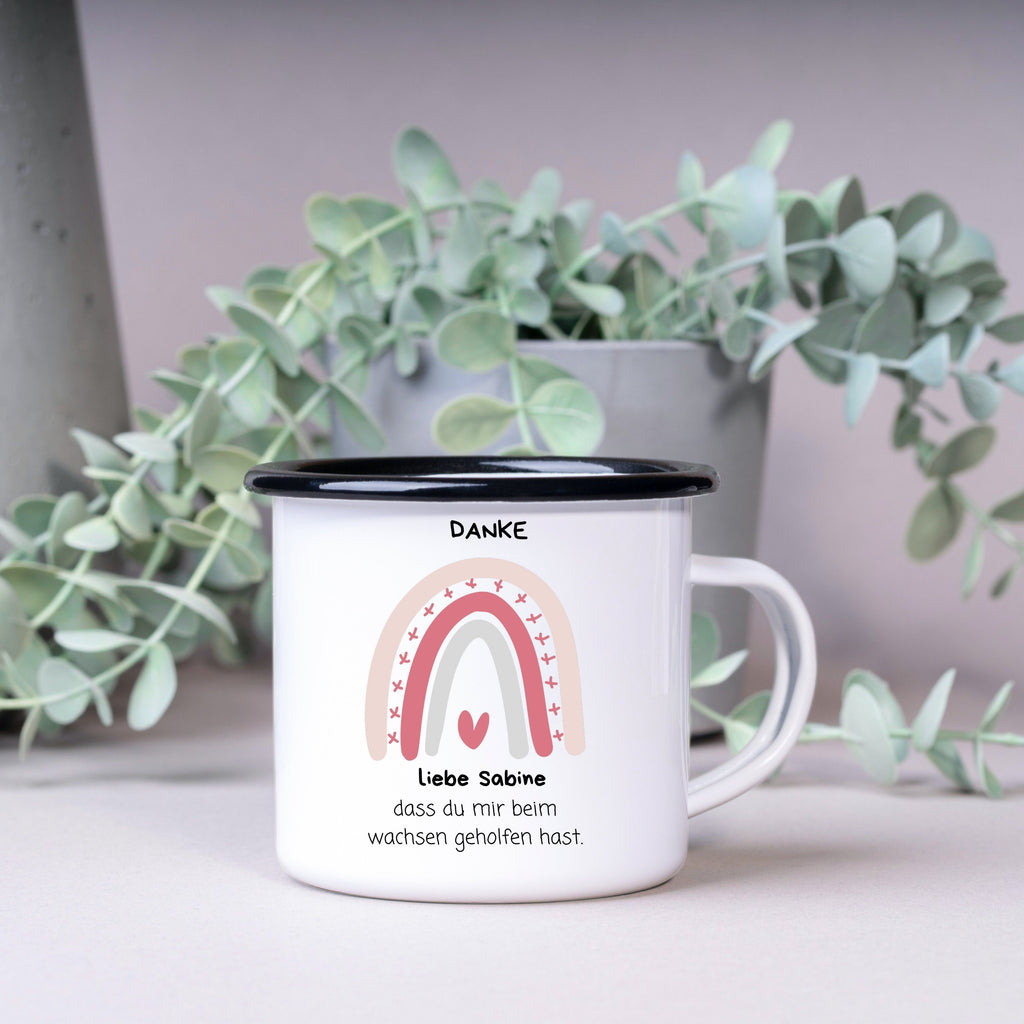 Emaille Tasse| Erzieherin| Danke, dass du mir beim wachsen geholfen hast| Geschenk für die Erzieherin| Regenbogen| personalisiert mit Namen - GlamourDesign
