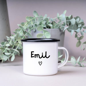 Emaille Tasse| Becher personalisiert mit deinem Wunschnamen und Herzchen| beidseitig - GlamourDesign