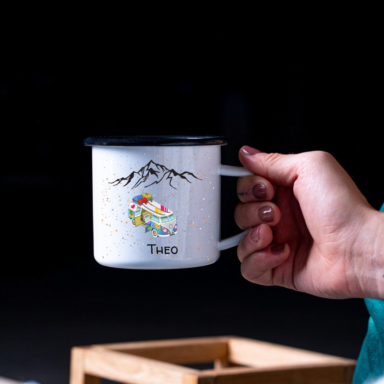 Emaille Tasse| Becher| VW Bus| Camping| Wandern| personalisierbar mit Wunschnamen - GlamourDesign