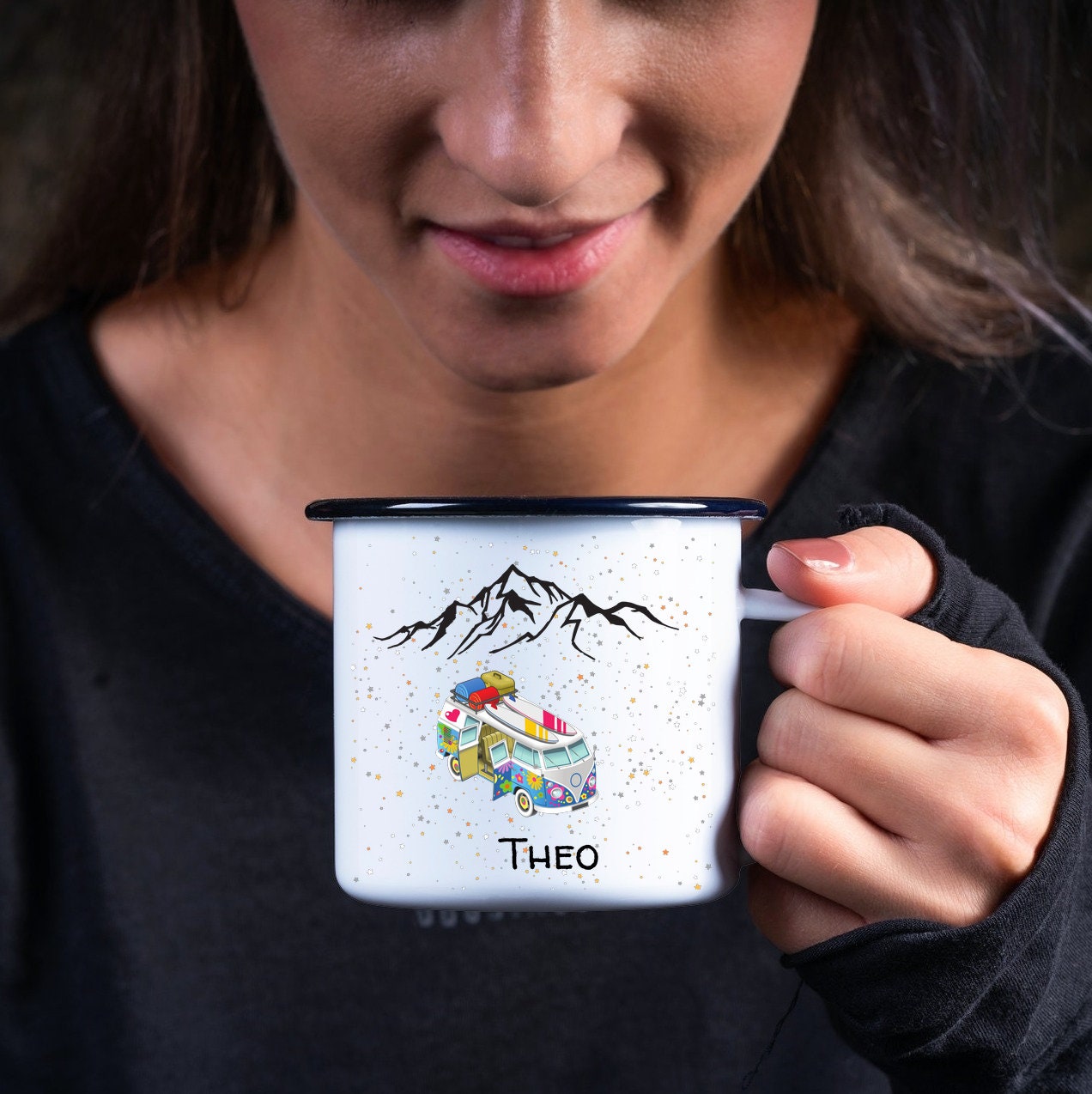 Emaille Tasse| Becher| VW Bus| Camping| Wandern| personalisierbar mit Wunschnamen - GlamourDesign