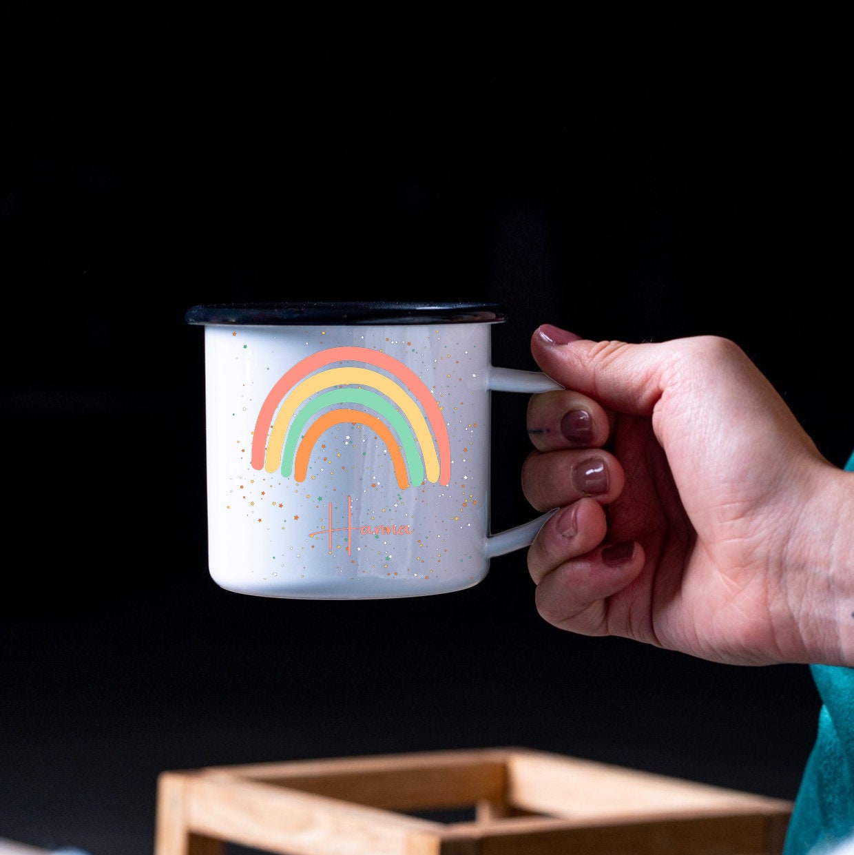Emaille Tasse| Becher| mit Regenbogen Motiv| personalisierbar mit Namen - GlamourDesign