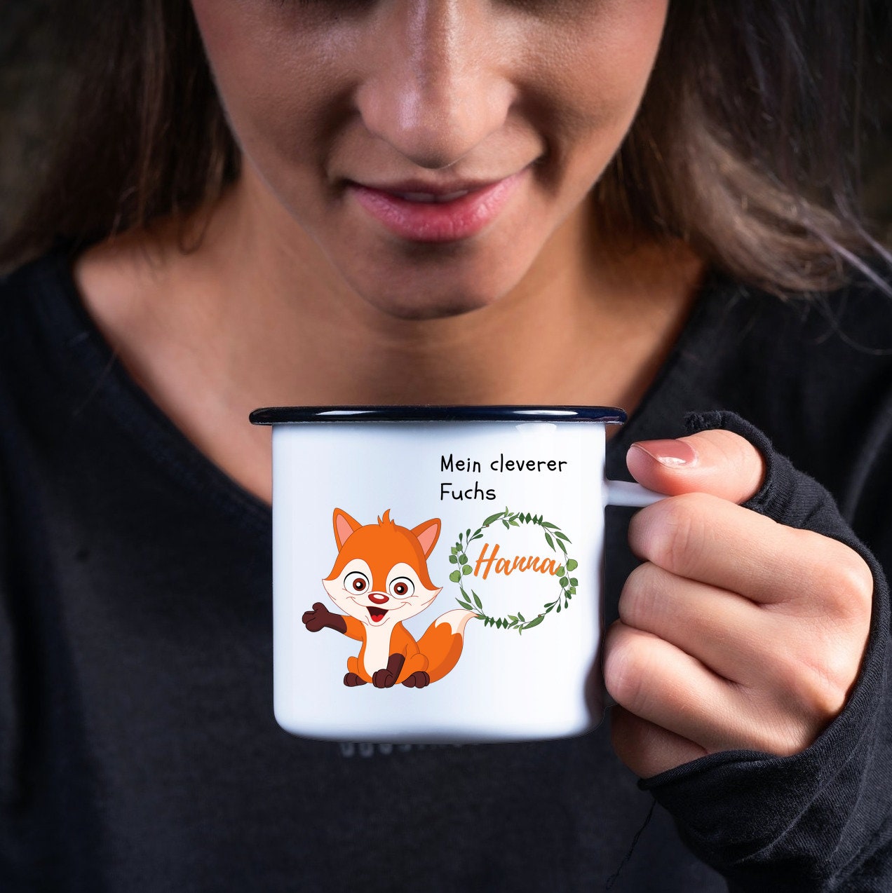 Emaille Tasse| Becher| Kinder| Fuchs-Motiv| personalisierbar mit Namen - GlamourDesign