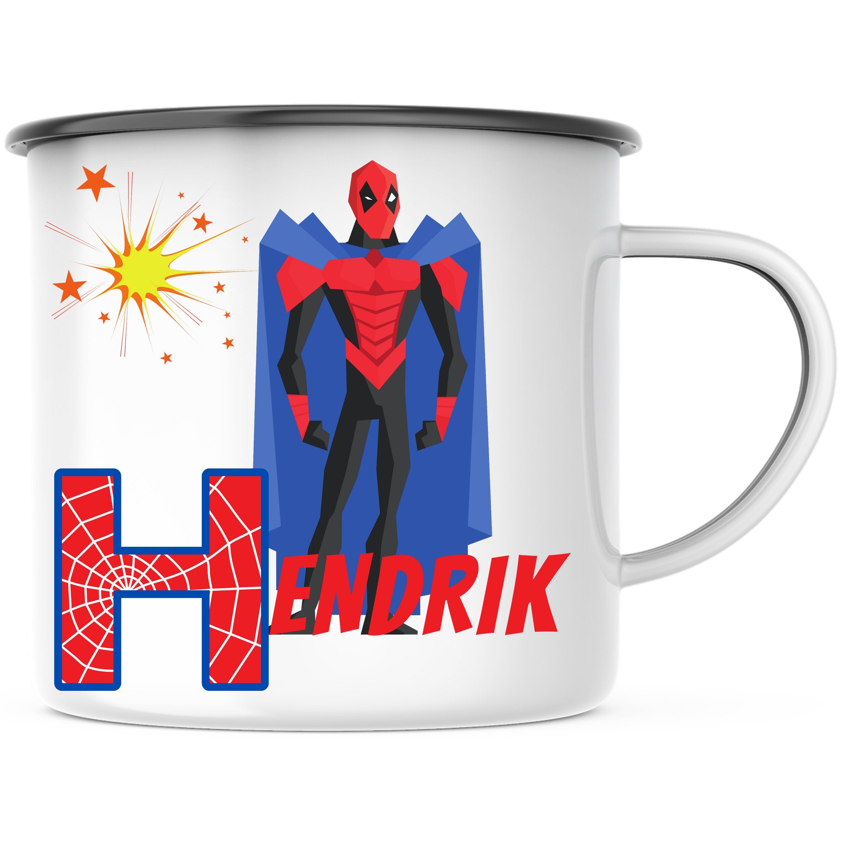Emaille Tasse| Becher| Superhelden Tasse für Kinder| mit Wunschnamen - GlamourDesign