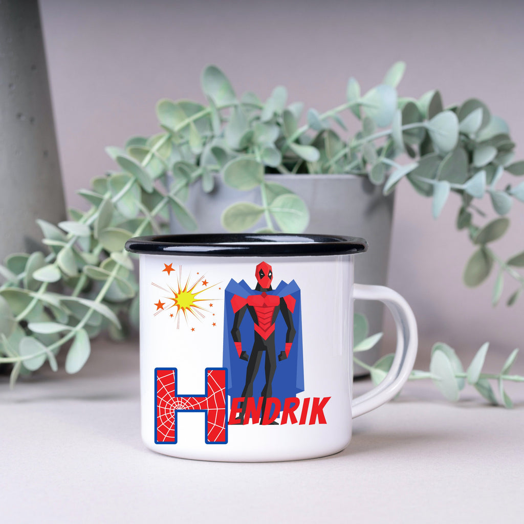 Emaille Tasse| Becher| Superhelden Tasse für Kinder| mit Wunschnamen - GlamourDesign