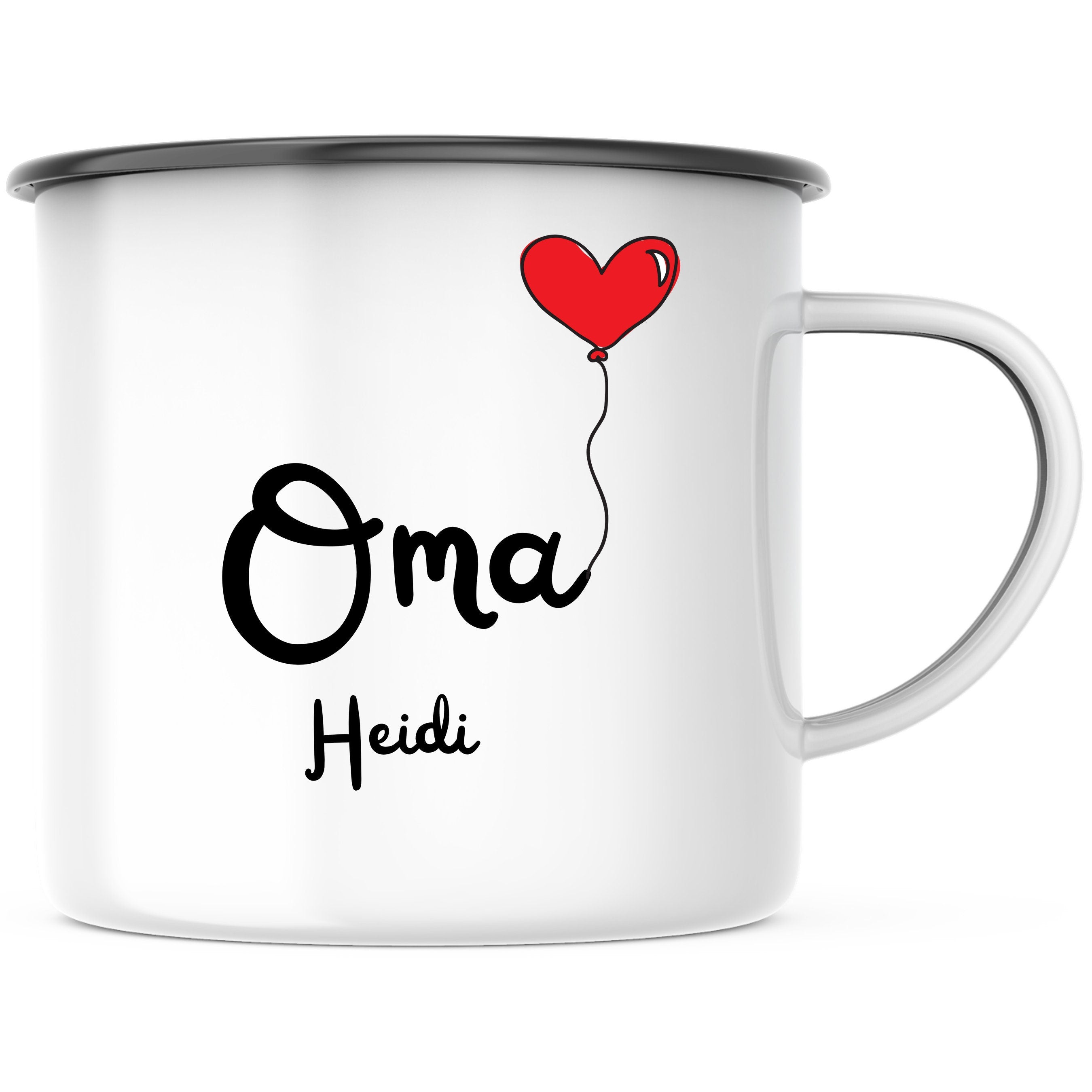 Emaille Tasse Geschenk für die Oma mit Herz Motiv personalisierbar mit Wunschnamen - GlamourDesign