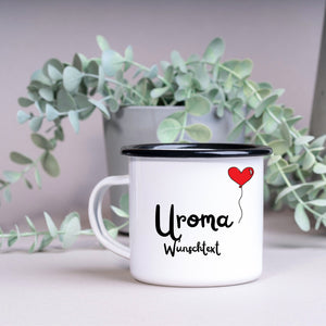 Emaille Tasse| Becher| Geschenk für die Uroma| mit Herz Motiv| personalisierbar mit Wunschnamen - GlamourDesign