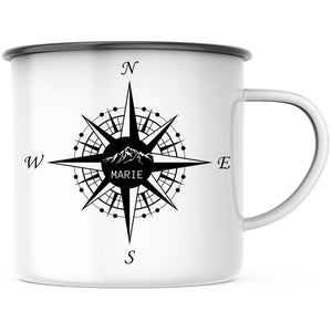 Emaille Tasse| Becher| Camping| Kompass mit personalisierbaren Wunschtext - GlamourDesign