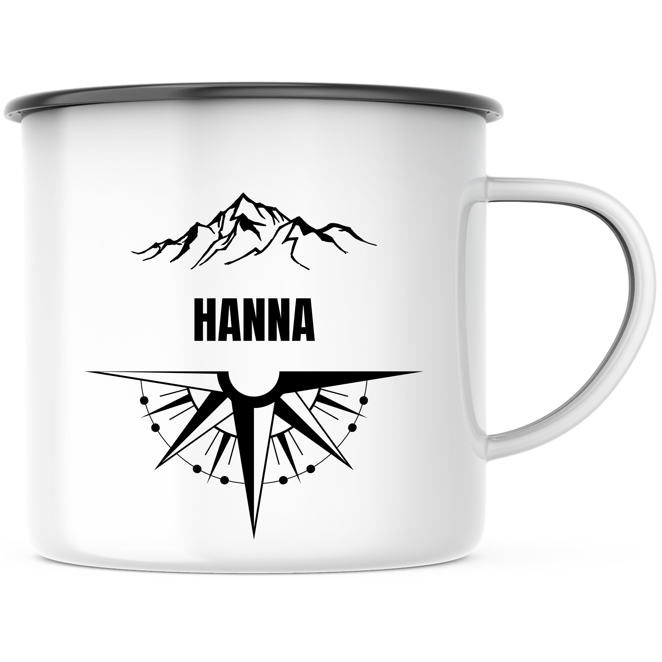 Emaille Tasse| Becher| Reise-Motiv| Kompass und Berge| mit Wunschnamen - GlamourDesign