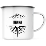 Lade das Bild in den Galerie-Viewer, Emaille Tasse| Becher| Reise-Motiv| Kompass und Berge| mit Wunschnamen - GlamourDesign
