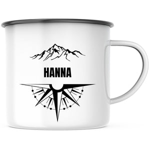 Emaille Tasse| Becher| Reise-Motiv| Kompass und Berge| mit Wunschnamen - GlamourDesign