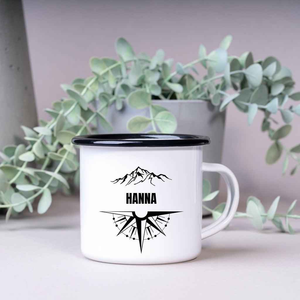 Emaille Tasse| Becher| Reise-Motiv| Kompass und Berge| mit Wunschnamen - GlamourDesign
