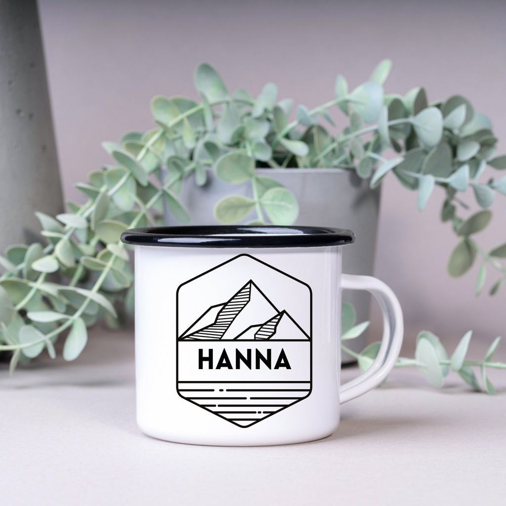 Emaille Tasse| Becher| Abenteuer| Bergsteiger| personalisiert mit Namen - GlamourDesign