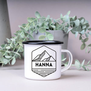 Emaille Tasse| Becher| Abenteuer| Bergsteiger| personalisiert mit Namen - GlamourDesign