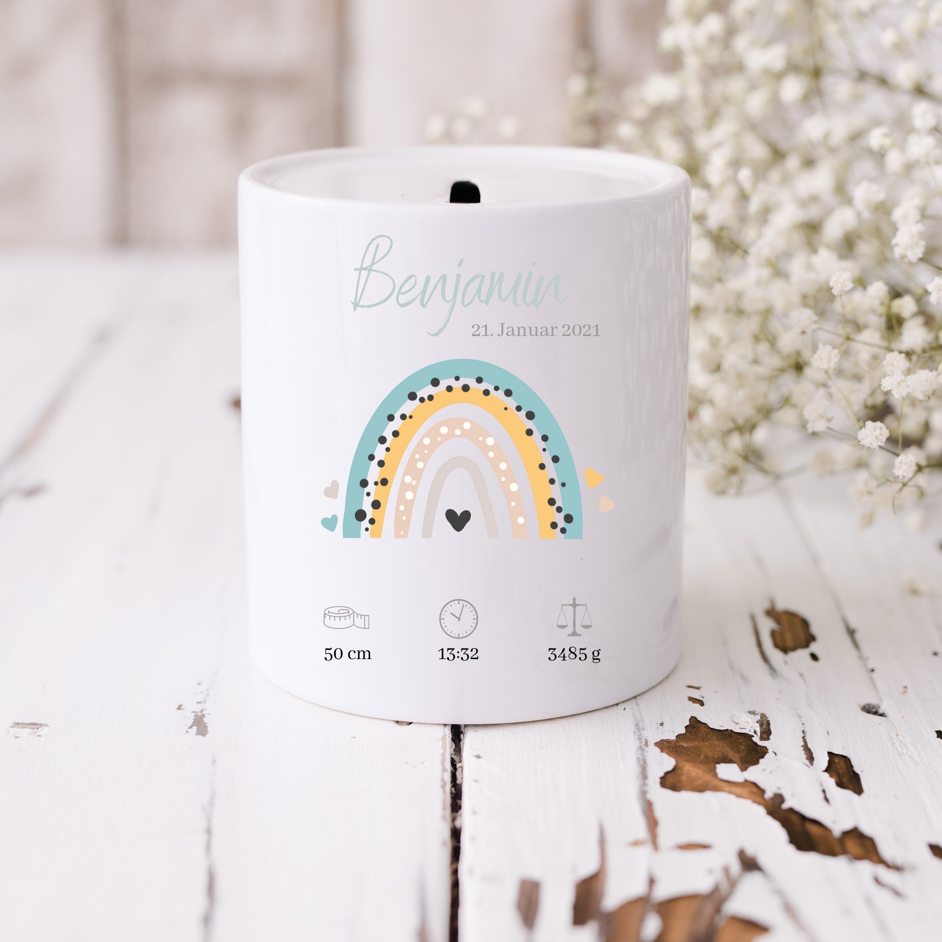 Spardose personalisiert| Regenbogen Motiv| Geschenk zur Geburt| Personalisierbar mit Namen| Geburtsdaten - GlamourDesign