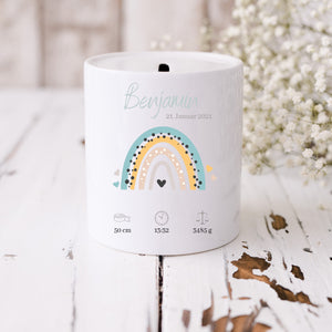 Spardose personalisiert| Regenbogen Motiv| Geschenk zur Geburt| Personalisierbar mit Namen| Geburtsdaten - GlamourDesign