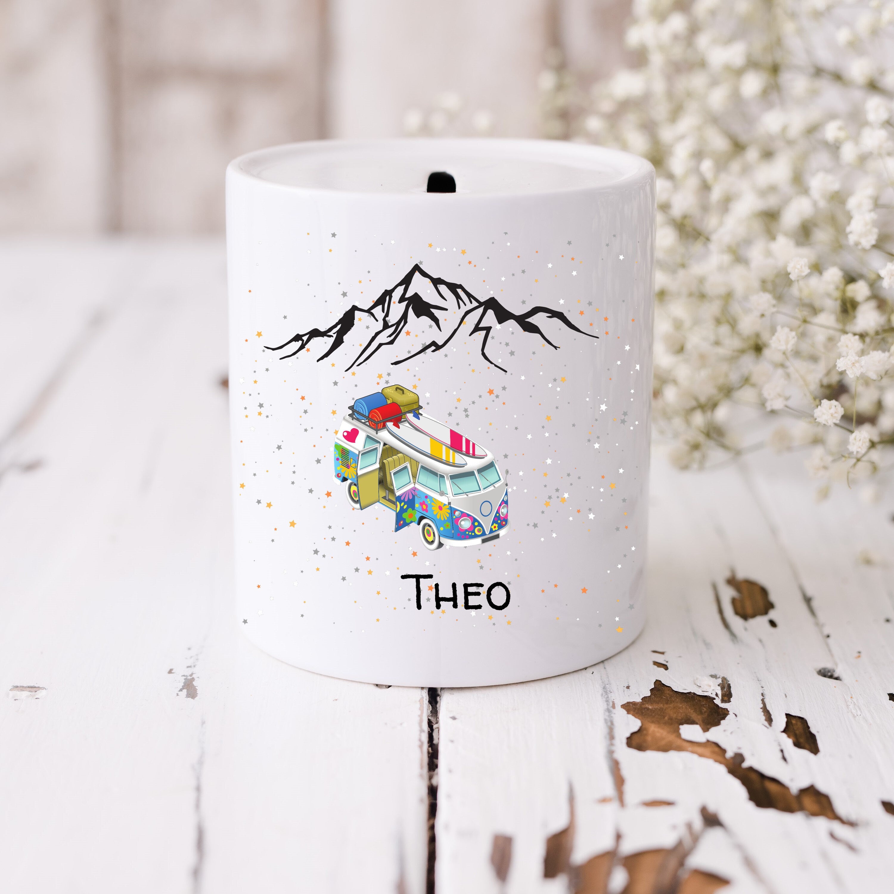 Spardose| Reisekasse| Bulli-Motiv| Personalisierbar mit Namen - GlamourDesign