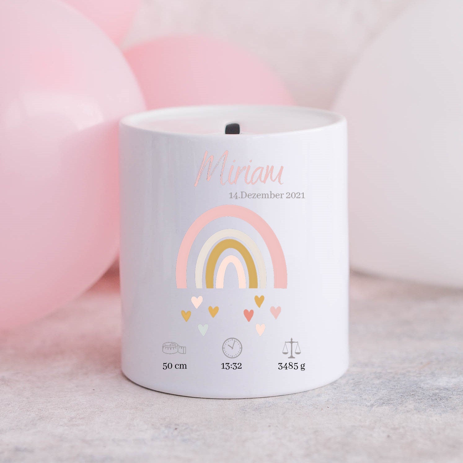Spardose personalisiert| Regenbogen Motiv| Geschenk zur Geburt| Personalisierbar mit Namen| Geburtsdaten - GlamourDesign