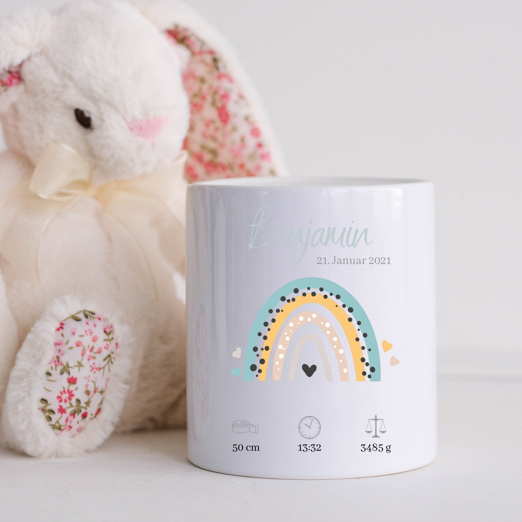 Spardose personalisiert| Regenbogen Motiv| Geschenk zur Geburt| Personalisierbar mit Namen| Geburtsdaten - GlamourDesign