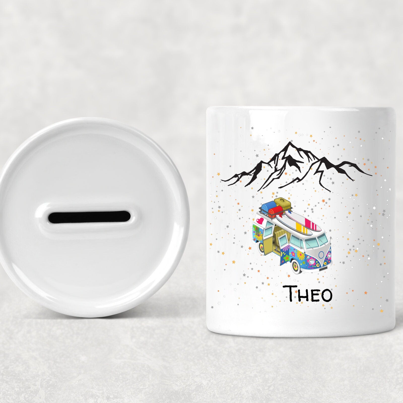 Spardose| Reisekasse| Bulli-Motiv| Personalisierbar mit Namen - GlamourDesign