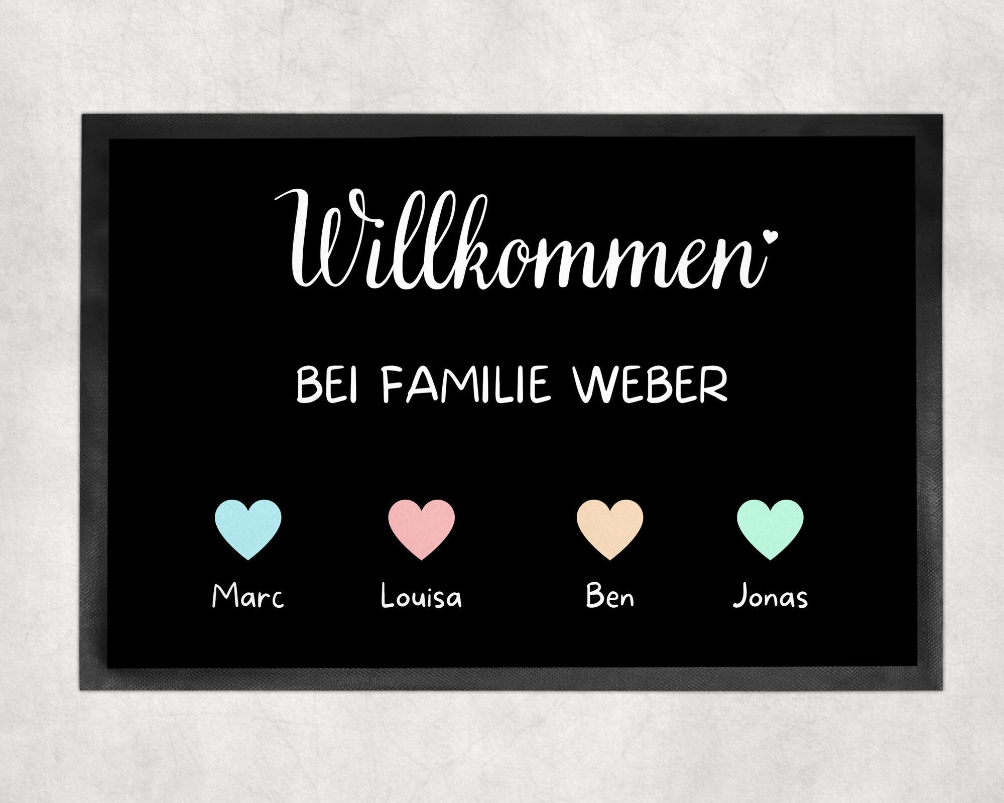 Fußmatte | personalisierbar mit Familien-&Vornamen| Herzen| bis zu 7 Vornamen | Indoor - GlamourDesign