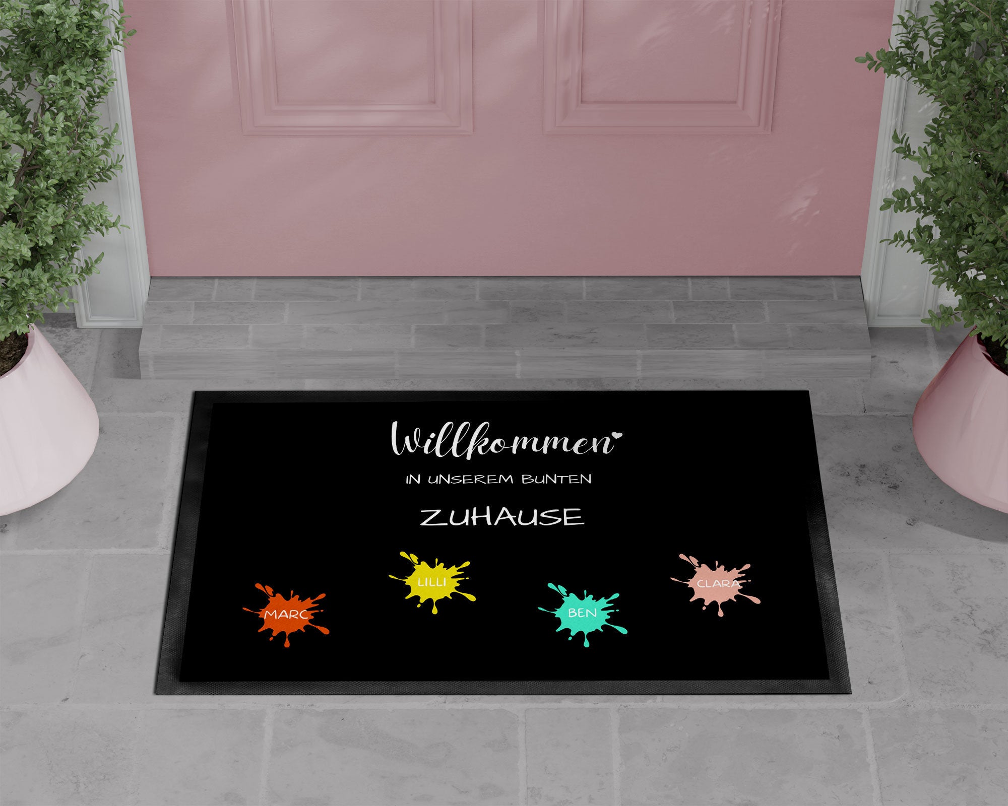 Fußmatte | bunt mit Farbklecksen| personalisierbar mit bis zu 7 Vornamen| Willkommen | Indoor - GlamourDesign
