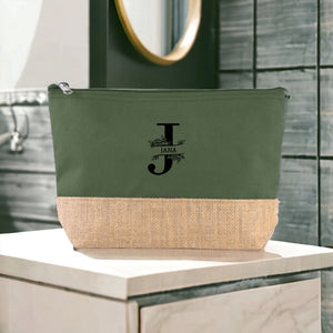 Personalisierte Kosmetiktasche aus Jute | Schminktasche mit Namen| Blumendesign in Schwarz & Weiß| in 4 Farben - GlamourDesign