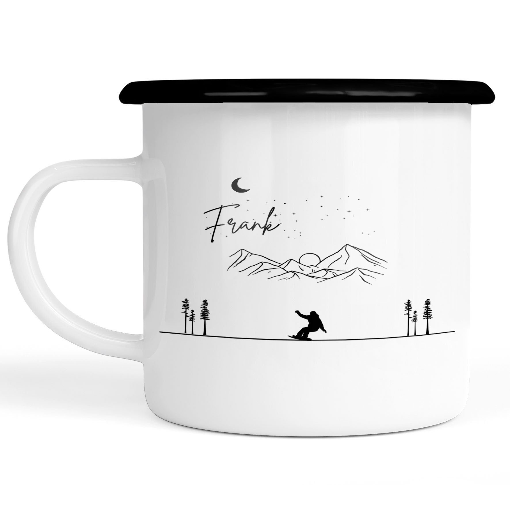 Emaille Tasse| Becher| Berge mit Snowboarder | personalisierbar mit Namen - GlamourDesign