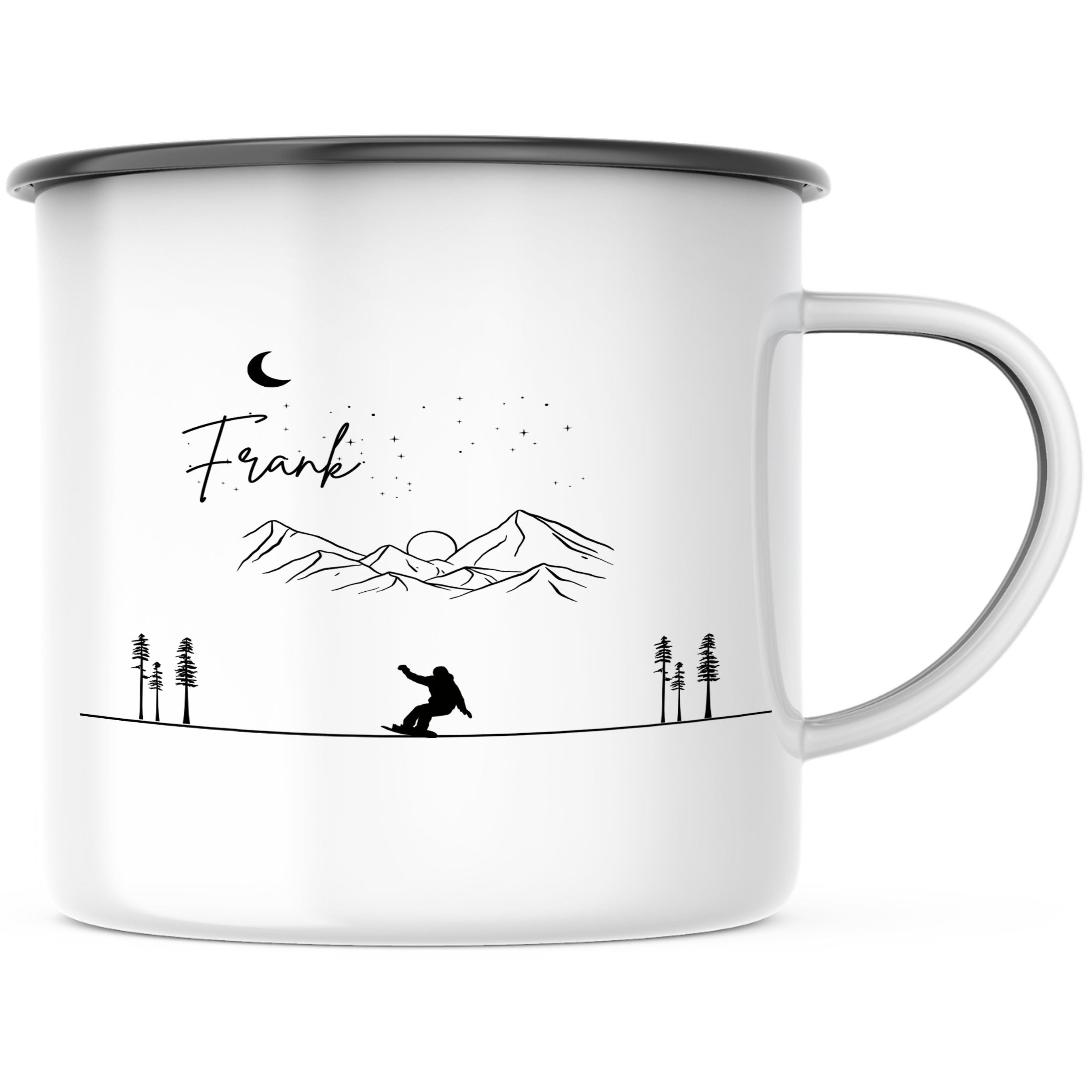 Emaille Tasse| Becher| Berge mit Snowboarder | personalisierbar mit Namen - GlamourDesign