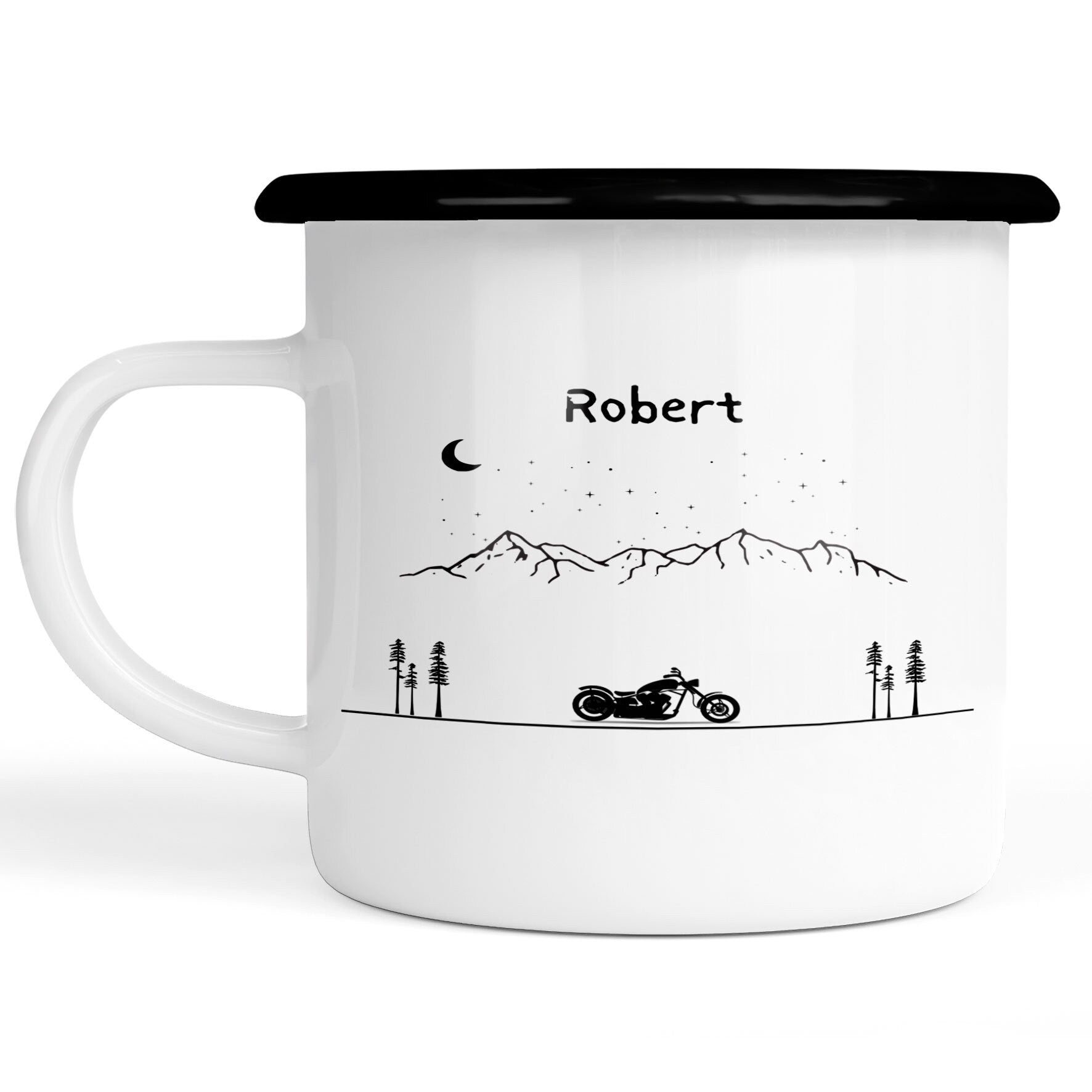 Emaille Tasse| Becher| Berge mit Motorrad | personalisierbar mit Namen - GlamourDesign
