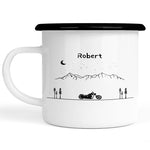 Lade das Bild in den Galerie-Viewer, Emaille Tasse| Becher| Berge mit Motorrad | personalisierbar mit Namen - GlamourDesign
