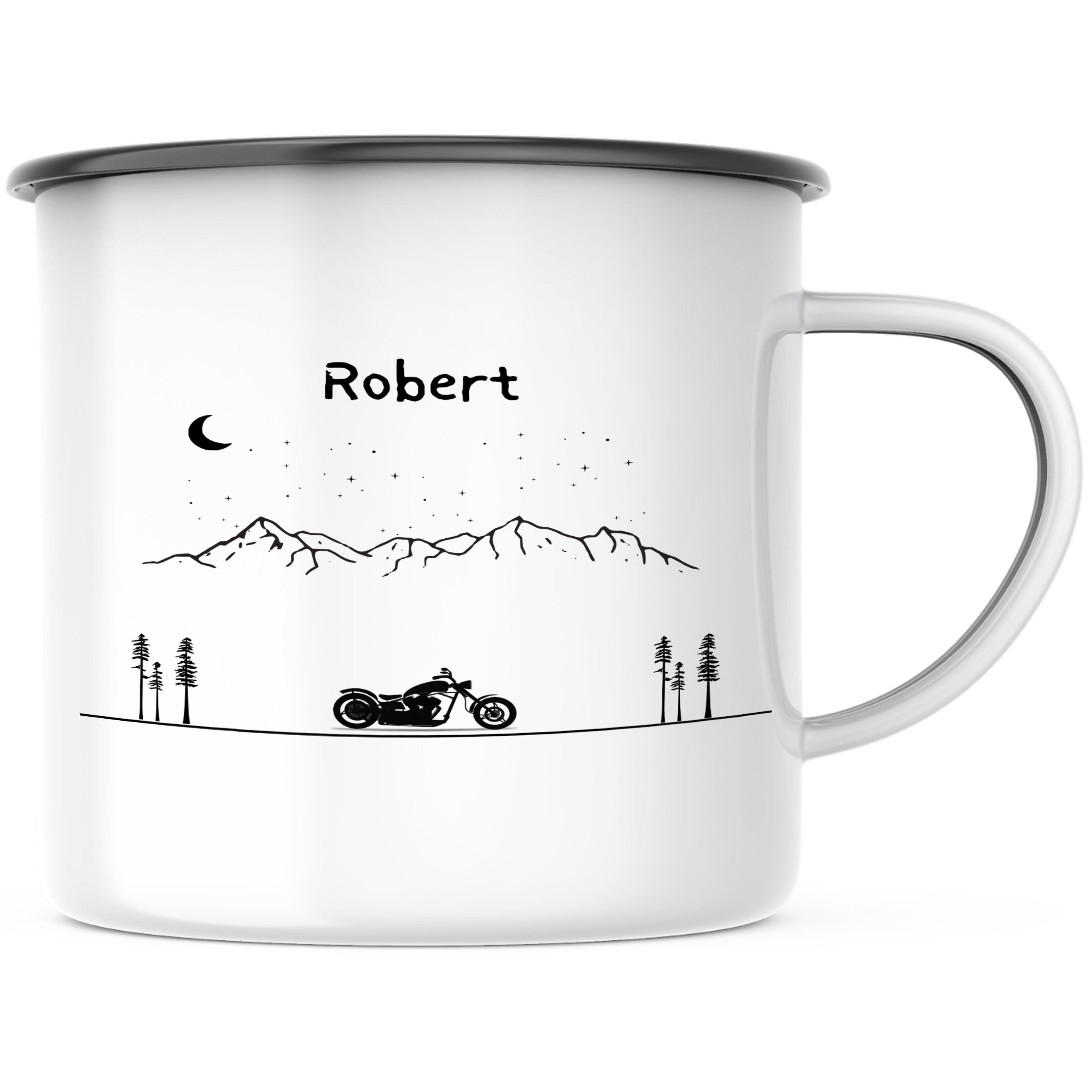 Emaille Tasse| Becher| Berge mit Motorrad | personalisierbar mit Namen - GlamourDesign