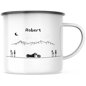 Emaille Tasse| Becher| Berge mit Motorrad | personalisierbar mit Namen - GlamourDesign