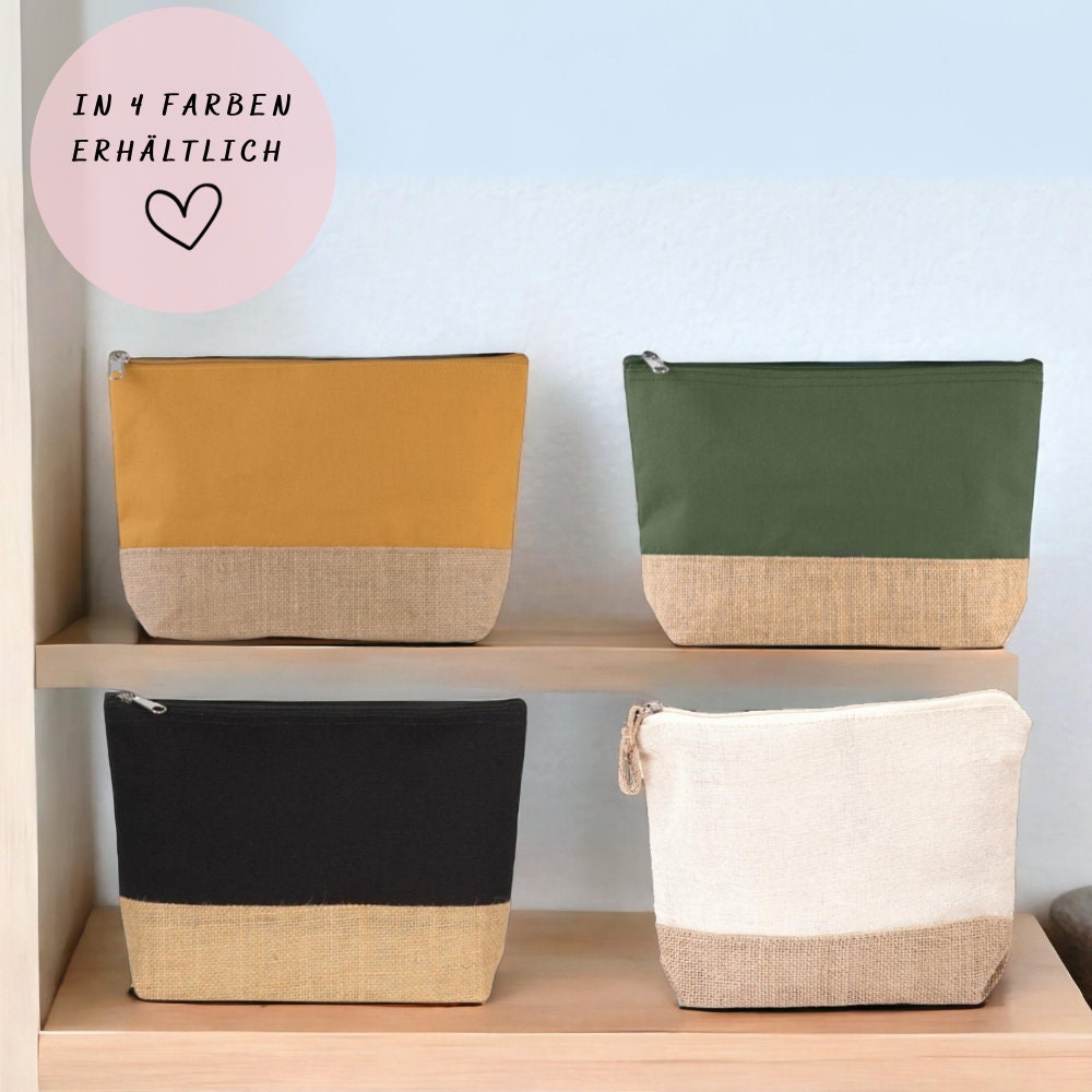 Personalisierte Kosmetiktasche aus Jute | Schminktasche mit Namen| in 4 Farben - GlamourDesign