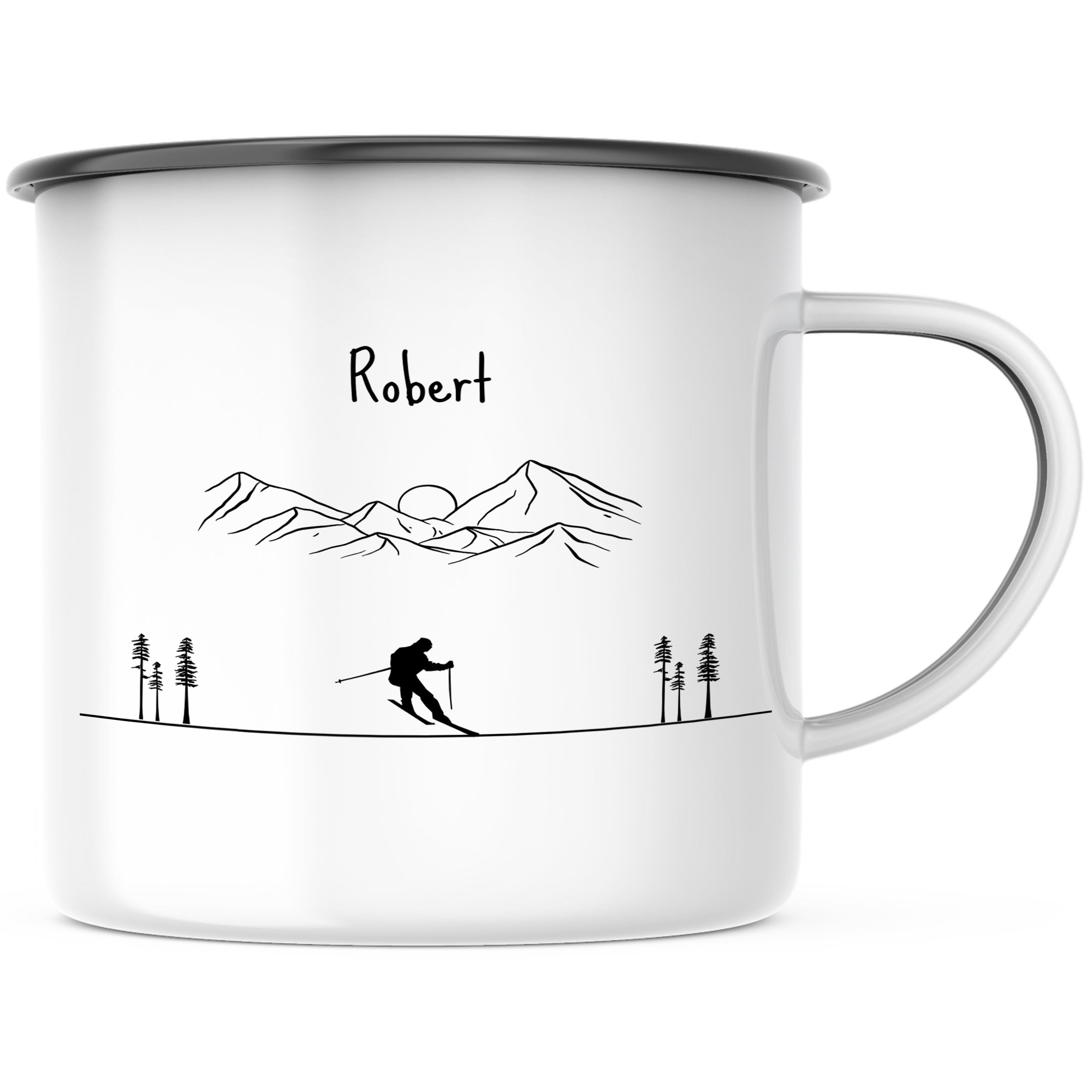 Emaille Tasse| Becher| Berge mit Skifahrer | personalisierbar mit Namen - GlamourDesign