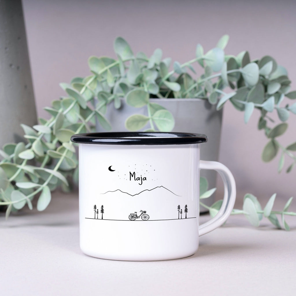 Emaille Tasse| Becher| Berge | Fahrrad | personalisierbar mit Namen - GlamourDesign